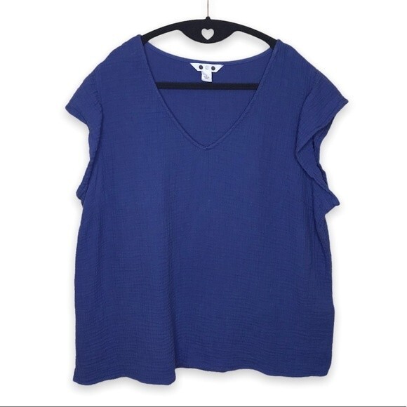 Three Dots Double Gauze Cap Sleeve V Neck Periwinkle Top Women Size Large - Picture 1 of 12